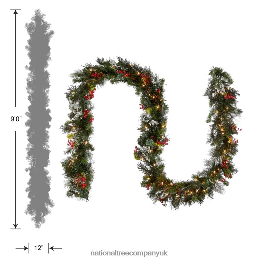 Greenery | National Tree Company Pre-Lit Artificial Christmas Garland Green Wintry Pine White Lights Decorated with Pine Cones Berry Clusters Plug In Christmas Collection 9 Feet F2L4F332